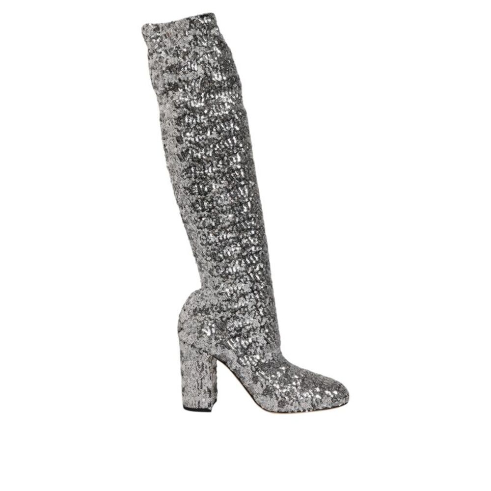 Dolce & Gabbana Women's Silver Sequins Glitter High Heel Boot Women's Shoes